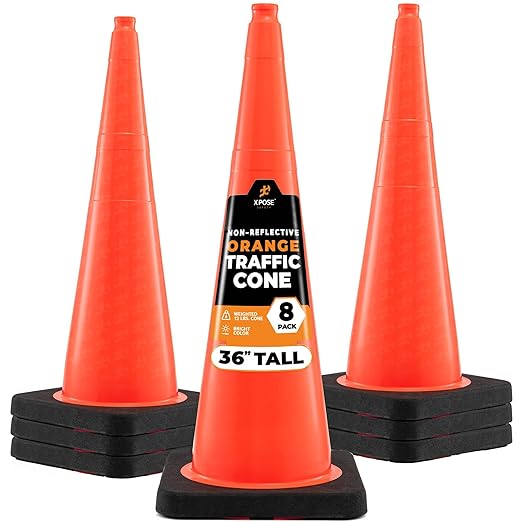 Xpose Safety 36 Inch Orange Traffic Cones Heavy Duty 12lb, 8-Pack - Multipurpose PVC Plastic Safety Cone for Parking, Soccer, Caution, Kids and Construction - DOT Approved