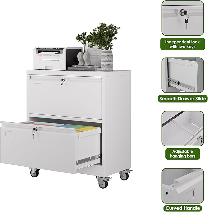Aobabo 2 Drawer Lateral File Cabinet with Wheels, Lockable Metal Filing Cabinet for Home Office, Legal/Letter Size,White,Required Assembled,15.87" D x 28.94" W x 34" H