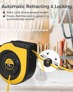 Retractable Cord Reel, 75 FT Heavy Duty Extension Cord, 14AWG/3C SJTOW, 3 Grounded Outlets Lighted Triple Tap, 10A Circuit Breaker, Wall/Ceiling Mounted, UL Listed, Yellow Y75CR06