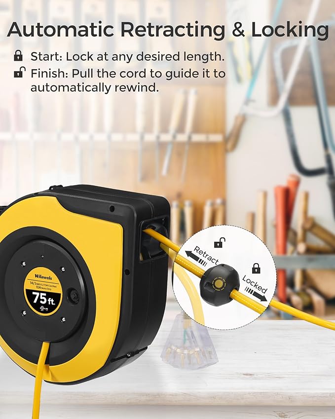 Retractable Cord Reel, 75 FT Heavy Duty Extension Cord, 14AWG/3C SJTOW, 3 Grounded Outlets Lighted Triple Tap, 10A Circuit Breaker, Wall/Ceiling Mounted, UL Listed, Yellow Y75CR06