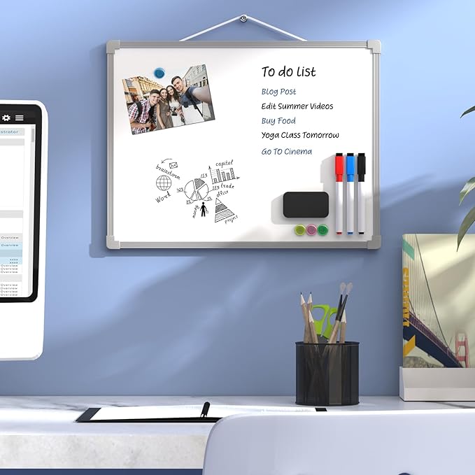 MaxGear Double-Sided Dry Erase Board for Wall, 16"x12" Hanging Whiteboard, Small Dry Erase White Board kit, Portable Whiteboard for Planning, Drawing, Memo, to Do List, Grey Frame
