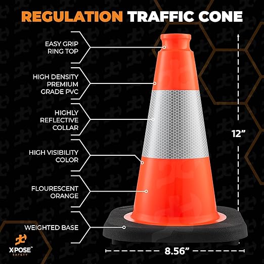 Xpose Safety 12 Inch Orange Traffic Cones with 4" Collar - 6 Pack Multipurpose PVC Plastic Safety Cone for Parking, Soccer, Caution, Kids and Construction - DOT Approved