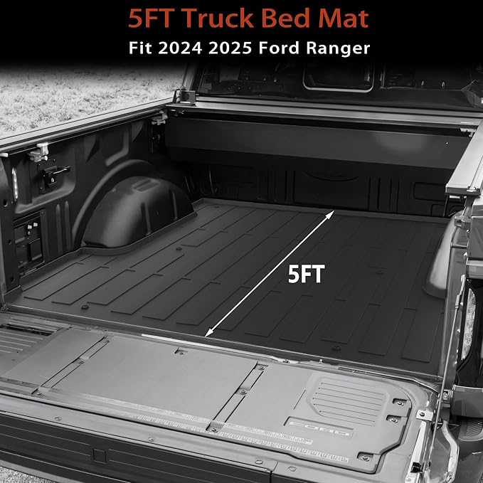 KARPAL Truck Bed Mat for Ford Ranger 2024 2025 2026 (5FT, 59.6" Bed), All Weather TPE Truck Bed Liner Cargo Trunk Accessories for Ranger
