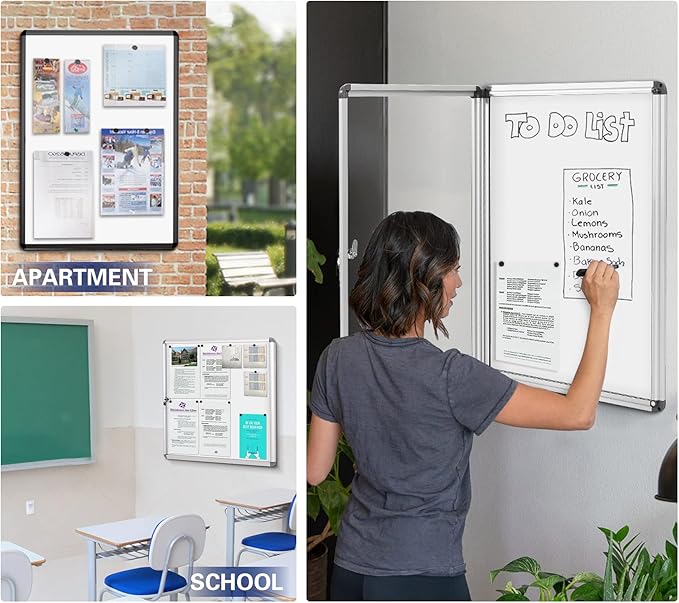 SWANCROWN Enclosed Notice Board Magnetic Bulletin Boards for Office with Locking Door,Black Frame, 26x20inch(4XA4