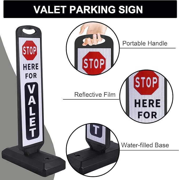 OrangeStar 2-Pack Valet Parking Signs - Double-Sided Reflective Parking Lot Signs with Water-Filled Base, Heavy-Duty Traffic Control for Hotels, Restaurants & Events, White