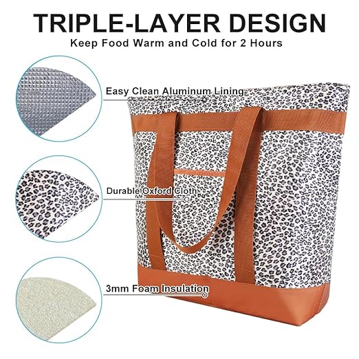 2Pk Insulated Reusable Tote Bag for Grocery Shopping for Women/Men, Pizza/Food Delivery Bag to Keep Food Cold/Hot for Professional Catering, Cooler Bags for Travel/Beach/Picnic, Cow Print