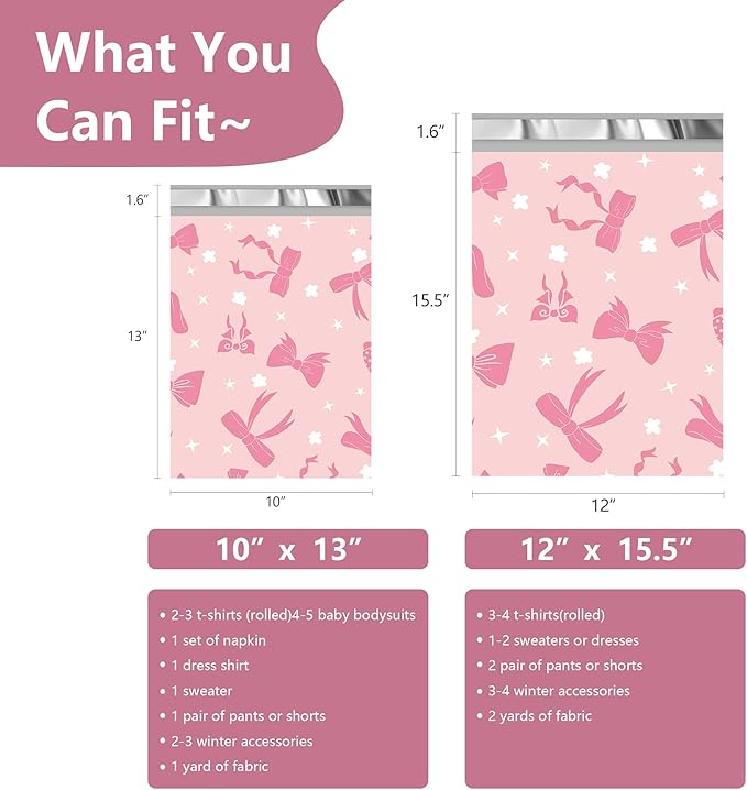 Poly Mailers 10x13 Inch 100 Pcs - Pink Bow printed Shipping Bags, 2.4mil Thickness, Waterproof and Tear Resistant Mailing Envelopes, Self-Sealing Packaging Bags for Small Business