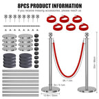 kaiyomi 8Pcs Stanchions with Red Velvet Ropes Set, 5 Feet Velvet Ropes and Posts Poles for Red Carpet Party Decoration and 360° Photo Booth (Silver)