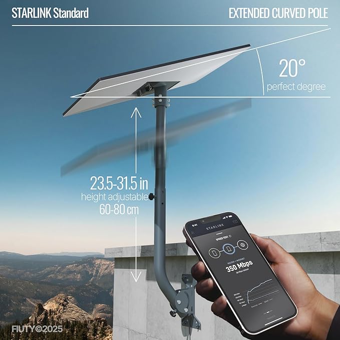 for Starlink Gen 3 Roof Mount, Aluminum Alloy Starlink Standard V3 Mounting Kit with Starlink Gen 3 Pipe Adapter, Angle Adjustable (Curved Lengthen)