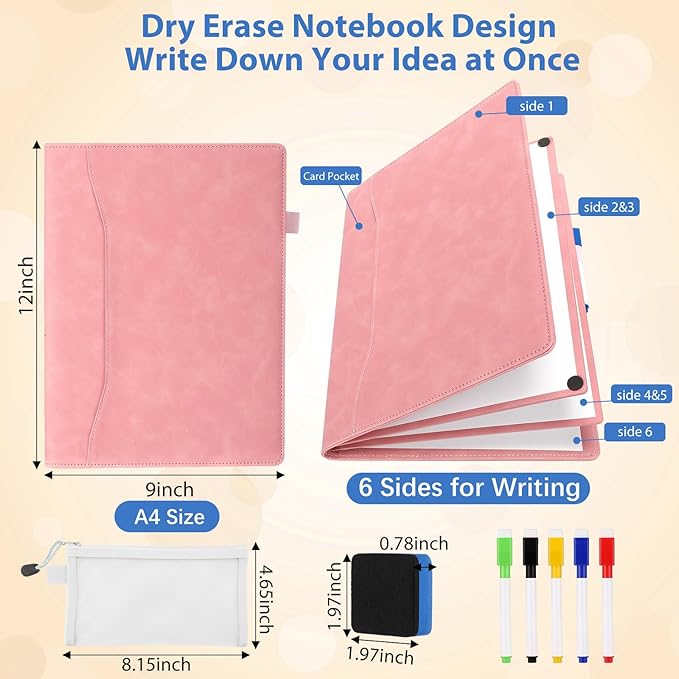 6 Sides Whiteboard Notebook Portable Whiteboard Dry Erase Notebook Portable Dry Erase Board Double Sided Folding Whiteboards White Board for Office Study Meeting(Pink,A4: 9"×12”)