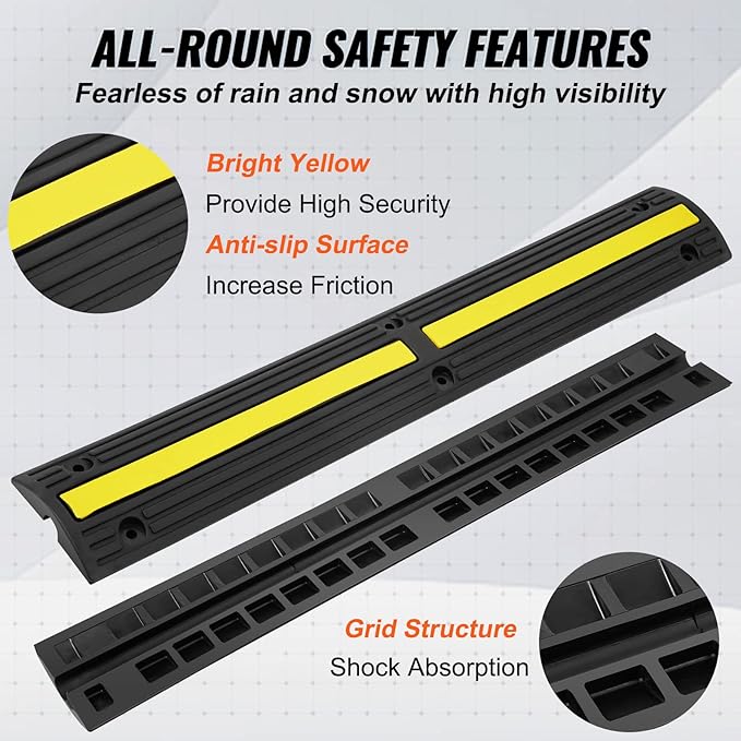 VEVOR 3.28 ft Cable Protector Ramp, 4 Pack of 1 Channel, 18000 lbs/axle Capacity Heavy Duty Rubber Speed Bumps, Floor Cord Cable Protector Wire Cover, for Residential Areas, Private Garages, Gardens