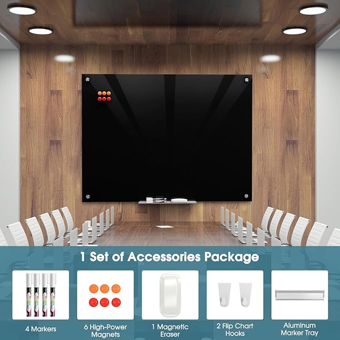 MaxGear Glass Whiteboard 48x36 Inches Wall Mounted, Magnetic Black Dry Erase Board with 1 Eraser, 1 Accessory Tray, 4 Markers and 6 Magnets, Large Frameless White Board for Office, School, Home