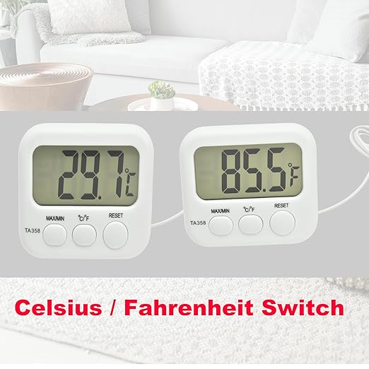 Small Digital Thermometer ON/Off Switch Indoor/Outdoor Meter Gauge with 5ft/1.5M Probe Sensor