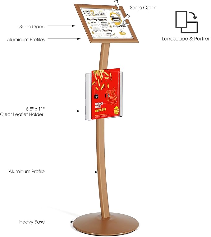 M&T Displays Curved Menu Board, 8.5x11 Inch Pedestal Sign Holder with 8.5x11 Inch Brochure Holder Copper Floor Standing Aluminum Front Loading Easy Open Poster Message Advertisement Post