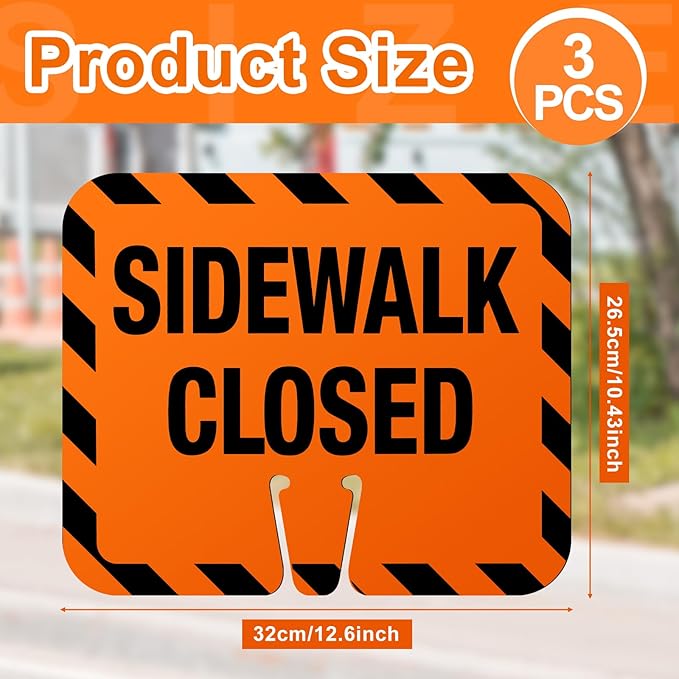 3 Pcs Plastic Sidewalk Closed Sign Bulk for Traffic Cones Top Road Warning Signs 10.4" Height x 12.6" Width x 0.05" Thickness for Outdoor Barricade Construction Caution