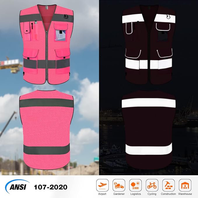 TCCFCCT Mesh Reflective Vest 9 Pockets High Visibility Safety Vest for Men Women, Hi Vis Construction Vest with Reflective Strips, Meets ANSI/ISEA Standards, (Pink, Small)