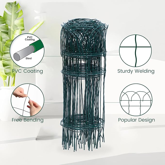 2 Rolls Green Garden Fence Border, 14 in x 40 ft Metal Folding Fence Wire Roll Garden Border Edging, Garden Fence Roll Flower Bed Fencing for Outdoor Yard