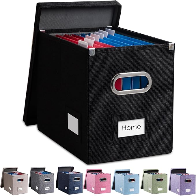 PRANDOM File Organizer Box - Set of 1 Collapsible Decorative Linen Filing Storage Hanging File Folders with Lids Office Cabinet Letter Size Black (14x9.3x10.8 inch)