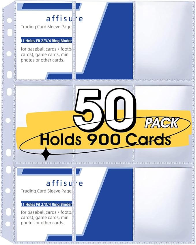 9 Pocket Card Sleeves, Holds 900 Cards, Trading Card Binder Sleeves, 3 Ring 9 Pocket Pages for Sports Cards, Coupons, Game Cards, 50 Pack