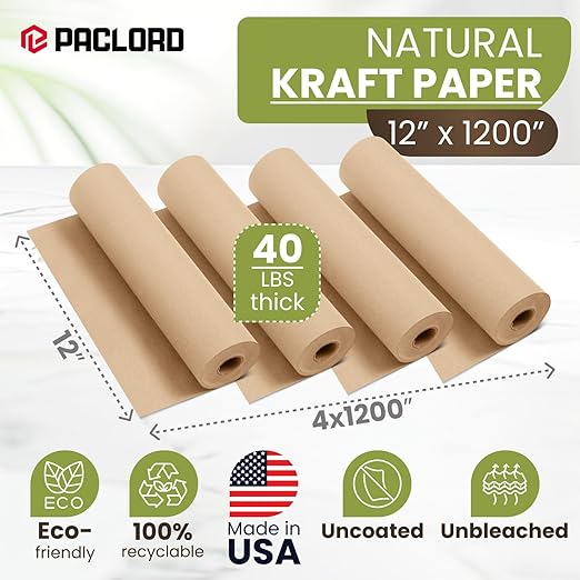 12" x 1200" (100 ft) Natural Kraft Paper Roll (Value Pack – 4 Rolls) – Made in USA, 100% Recyclable Brown Wrapping Paper for Shipping, Packaging, Crafting & Gift Wrapping