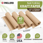 12" x 1200" (100 ft) Natural Kraft Paper Roll (Value Pack – 4 Rolls) – Made in USA, 100% Recyclable Brown Wrapping Paper for Shipping, Packaging, Crafting & Gift Wrapping