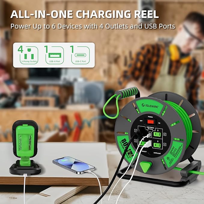 Retractable Extension Cord Reel 80 FT, 14AWG SJTOW Heavy Duty Power Cord with 4 Grounded Outlets, USB-A & USB-C Ports, 13A Circuit Breaker, Hand Crank for Indoor Outdoor Use, ETL Listed, Green