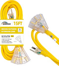 3-Outlets Indoor Outdoor Extension Cord Weatherproof with Lighted End, UL Listed, 12 Gauge 15FT Yellow 3 Prong Heavy Duty, 12/3 SJTW 15A Extension Cord