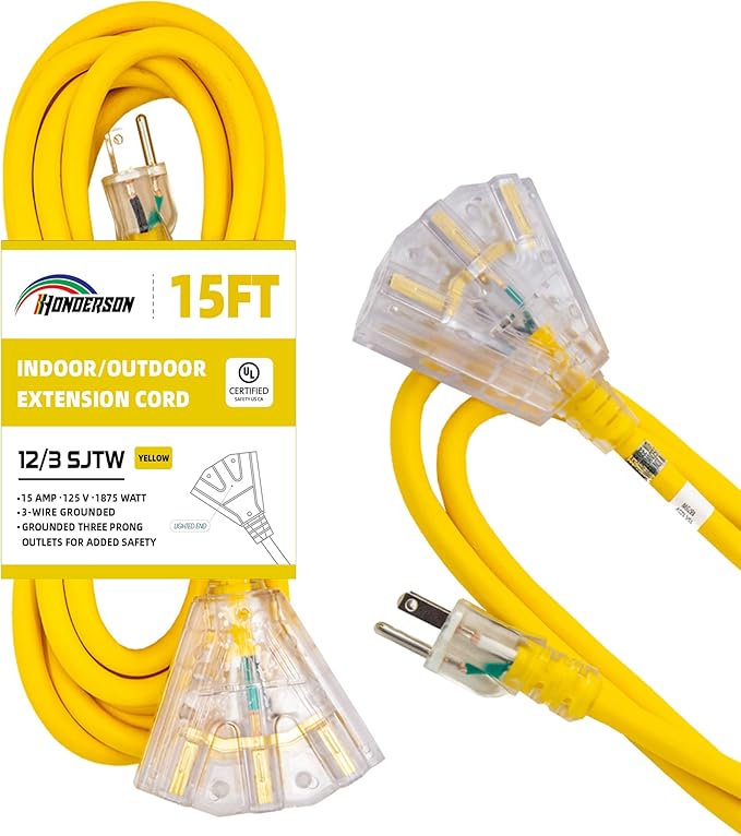 3-Outlets Indoor Outdoor Extension Cord Weatherproof with Lighted End, UL Listed, 12 Gauge 15FT Yellow 3 Prong Heavy Duty, 12/3 SJTW 15A Extension Cord