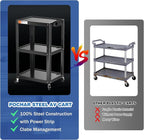 3 Shelf Metal Utility Cart with Wheels & Power Strip - Steel Mobile AV Cart for Video Projector, TV, Laptop, Computers, Printers - Height Adjustable Media Carts for Office Classroom Warehouse
