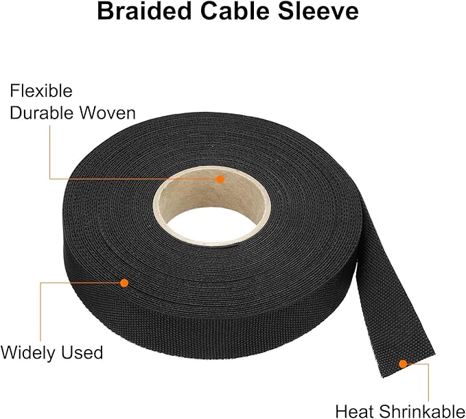 MECCANIXITY Braided Cable Sleeves Heat Shrinkable Fabric Sleeving, 5/8" 60ft Black 2:1 Ratio Heat Shrinkable Cord Protector for Harness Cable, Network Cable Protection, Cable Management