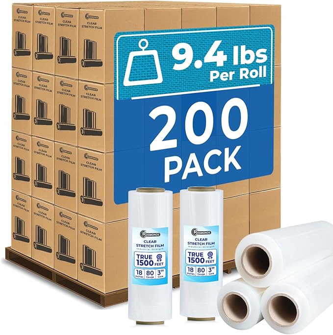 Rosmonde 200 Pack Bulk Plastic Wrap for Moving, 9.4 lbs Rolls, 18" x 1500 ft Shrink Wrap for Daily Bulk Wrapping, 80 Gauge Thick Pallet Wrap for Warehouse, Bulk Stretch Wrap Rolls for Moving & Storage
