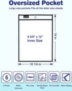 SUNEE 6 Packs Oversized Reusable Dry Erase Pocket Sleeves with Ring, Black 10x14 Ticket Holders, Clear Plastic Sheet Protectors, Teacher School Classroom Supplies