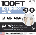 Iron Forge Cable Weatherproof 100 Ft Outdoor Extension Cord - 16/3 SJTW Heavy Duty Light Brown Extension Cord 3 Prong - 10 Amp Exterior Power Cable