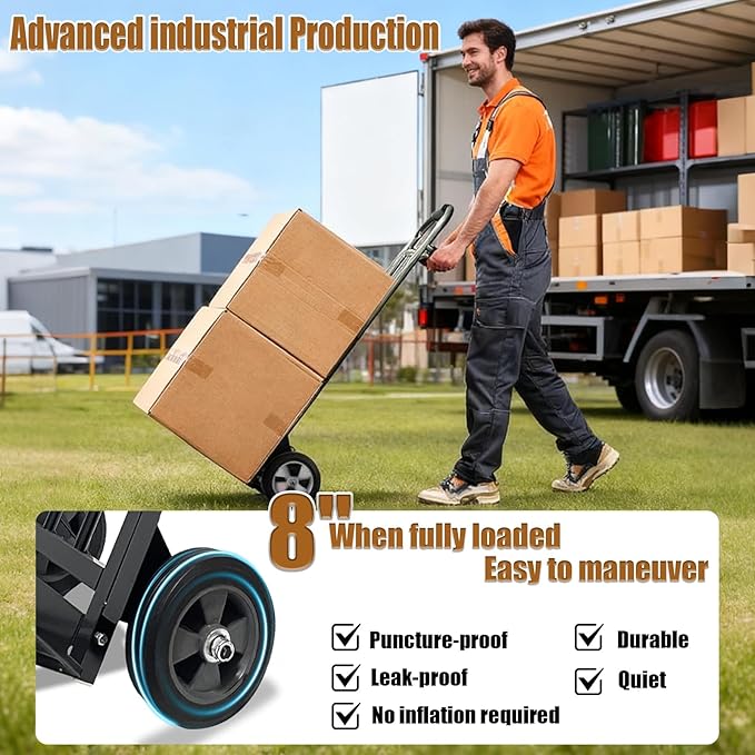 800 LB Dolly Cart with 8" Solid Rubber Wheels, Heavy Duty Folding Hand Truck Dolly with Bungee Cords, Compact Foldable Alloy Steel Design for Warehouses, Homes, Offices, and Small Business