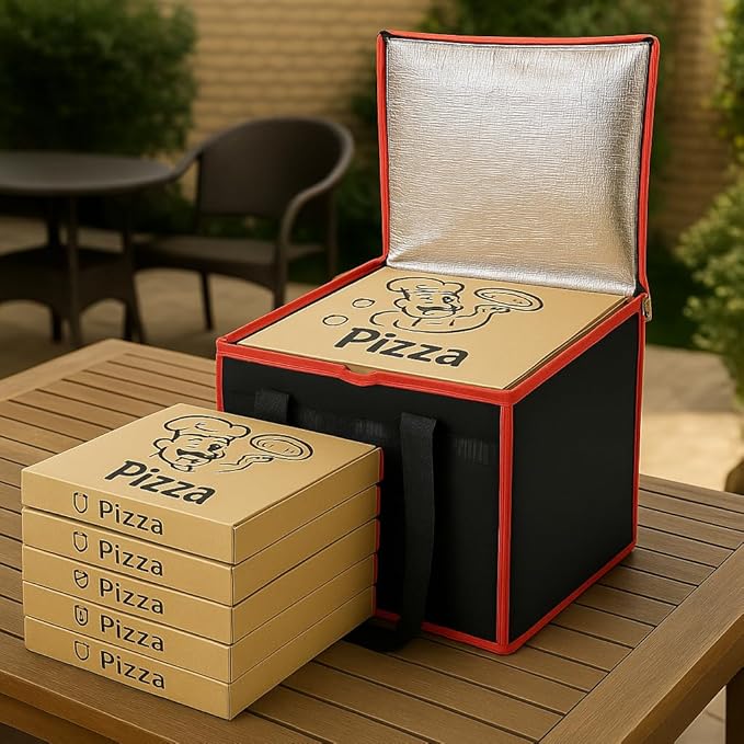 Bodaon Insulated Pizza Delivery Bag, 16" x 16" x 14" Pizza Warmer Bags for Carry Hot, Commercial Delivery Bag, Food Warmers for Parties, Pizza Pack Insulation, Pizza Carrier (Black-Red, 1Pk)