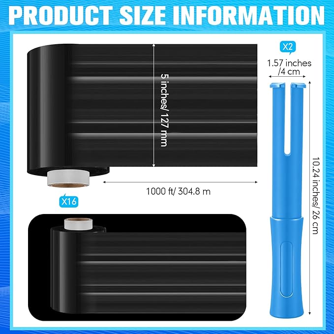 Jutom 16 Pcs Stretch Wrap Roll Plastic Wrap for Moving with 2 Handles 5 x 1000 ft Packaging Shrink Film Self Adhering Shipping Supplies for Moving Furniture Pallet(Black, Blue)