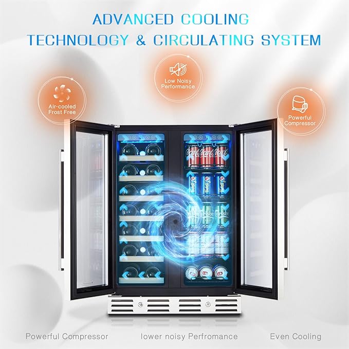 24 Inch Wine and Beverage Fridge, Wine Refrigerator Dual Zone Hold 20 Bottles and 78 Cans,Built-In or Freestanding Digital Touch Control
