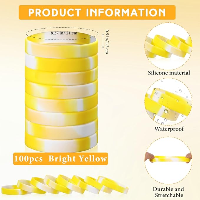 Liliful 100 Pcs Silicone Rubber Wristbands Rubber Wristband Bracelet Bands for Silicone Wristbands for Women Men(Yellow and White)