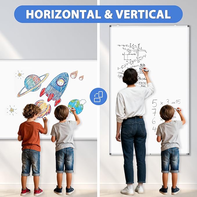WALGLASS Large Dry Erase White Board for Wall, 72'' x 40'' Double-Sided Magnetic Whiteboard with Aluminium Frame, Hanging & Wall Mount for Home Office School
