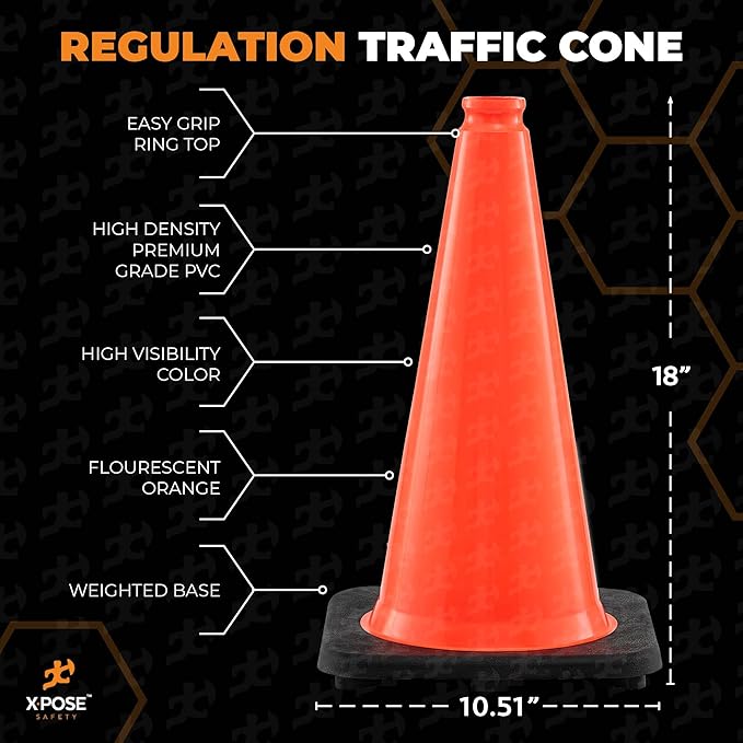 Xpose Safety 18 Inch Orange Traffic Cones, 4-Pack - Multipurpose PVC Plastic Safety Cone for Parking, Soccer, Caution, Kids and Construction - DOT Approved