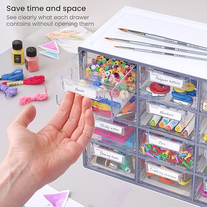 Arteza 12 Drawer Organizer and Storage Cabinet – Clear Plastic, Stackable Drawers for Makeup, Crafts, Sewing, Office Supplies, Small Parts & Tools