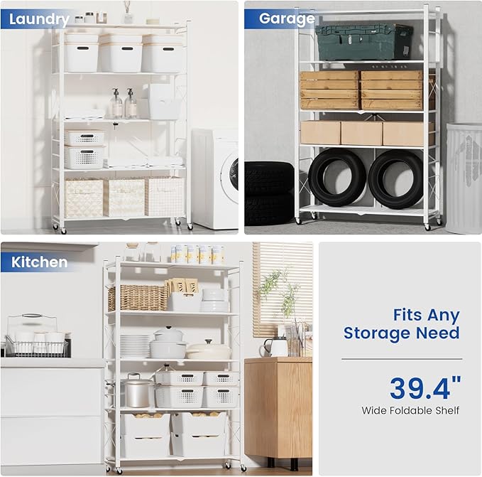 ALANNG 40" W Foldable 5-Tier Storage Shelves with Wheels, Adjustable & Removable Metal Rack, Heavy Duty Rolling Organizer for Kitchen, Garage, Closet, Pantry, and Office (White,3 Pack)