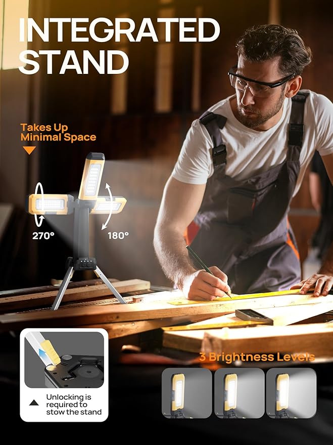 10000mAh Rechargeable LED Work Light with Stand, 3200 Lumens 4.8ft Telescoping Tripod, 2 Detachable Magnetic Lamp Panels, Cordless Garage Workshop Light for Car Repair Inspection Jobsite