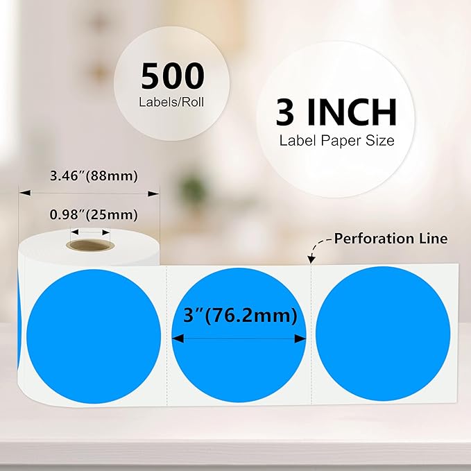 3 X 3 Inch Color Coding Dot Labels Circle Thermal Printable Waterproof 500 Pcs Round Stickers Adhesive Writable for Office, Home, Garage, DIY Sticker, Barcodes, Name Tag, Fluorescent Blue