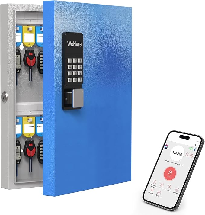 WeHere 32 Key Lock Box Wall Mount, APP Bluetooth/OTP/Wi-Fi/Fixed Code/Key Unlock, Smart Key Cabinet with Tag, Key Organizer Holder box with Management Directory for School, Office, Realtor, Hotel