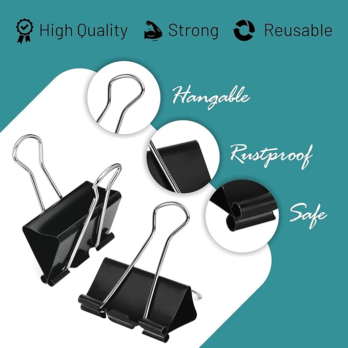 Binder Clips - 24 Pack Large Black Paper Clamps, 2 Inch, Holds 200+ Pages, File Clip for Home, Office and School Supplies