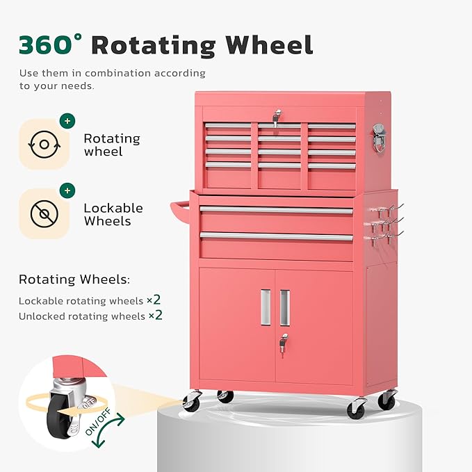 Greenvelly Tool Chest, 8-Drawer Rolling Tool Chest with Hooks and Lockable Wheels,Metal Storage Detachable Top Tool Box with Lockable Wheels for Garage,Workshop,Art Studio(Pink)