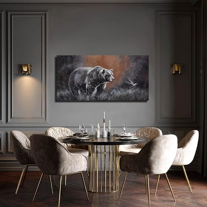 ZHENGYIN Grizzly Bear & Bird Canvas Wall Art,Black and White Wildlife Artwork, Warm Earth Tone Glow, Rustic Western Farmhouse Wall Decor for Entryway Bedroom, Over Console, 20x40 Inch