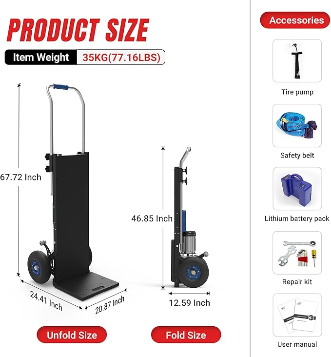 ZW4250 Electric Dolly Stair Climbing Cart, 1500W Powered Stair Climber Hand Truck Trolly, 550lbs Load Capacity Motorized Stair Climbing Dolly for Moving Heavy Cargoes on Stairs