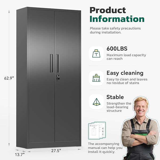 Greenvelly 63" H Metal Storage Cabinet Black, Locking Metal Cabinet, Store Tools, Clothes, Tableware and Toiletries, Garage Cabinets with Adjustable Shelves for Office, Home, Garage, Pantry